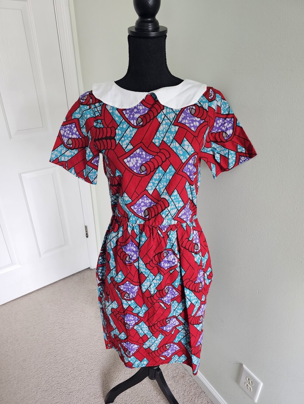 Grass-Fields African Print Peter Pan Collar Dress Size Large Ankara Dress